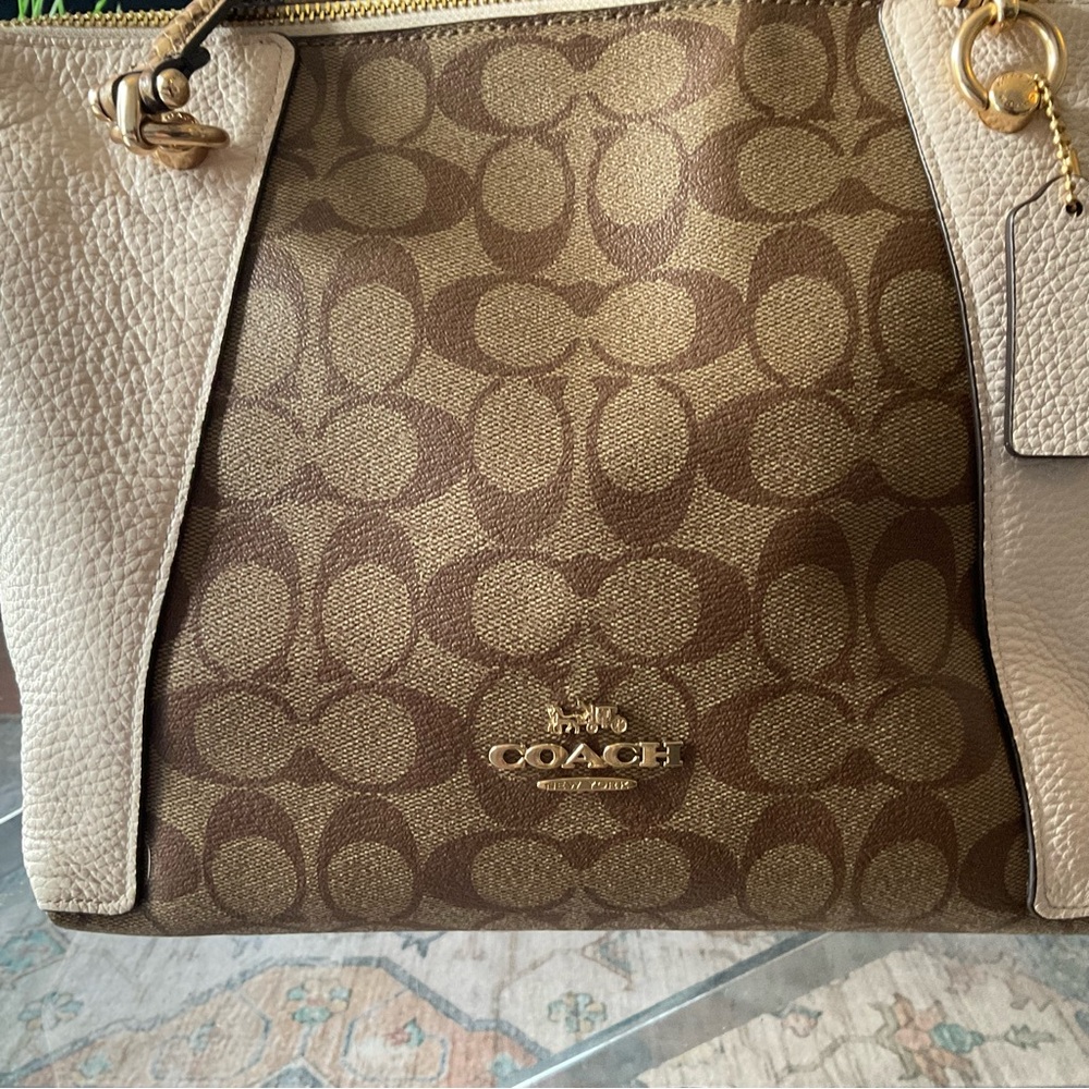 Coach Beige Signature Tote w/ Leather Trim & 40” Removable Strap - Picture 4 of 11